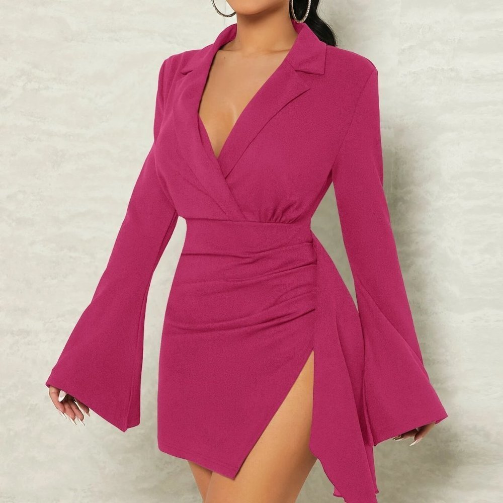 Hot Pink Sexy Womens Lapel Collar Wrap Hem Dress - Picture 5 of 5